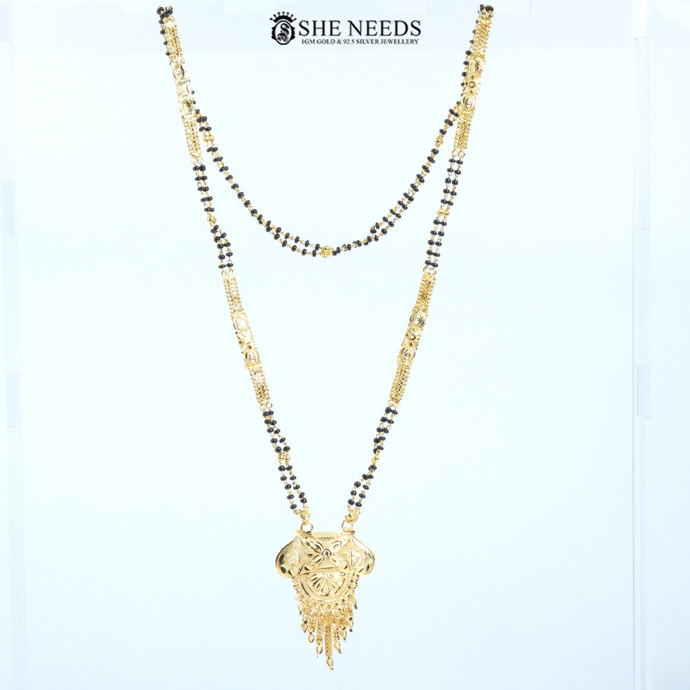 Kamalini Gold Plated Floral Engraved Traditional Mangalsutra with Black Beads