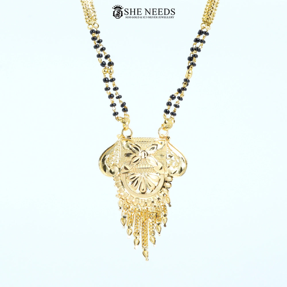 Kamalini Gold Plated Floral Engraved Traditional Mangalsutra with Black Beads