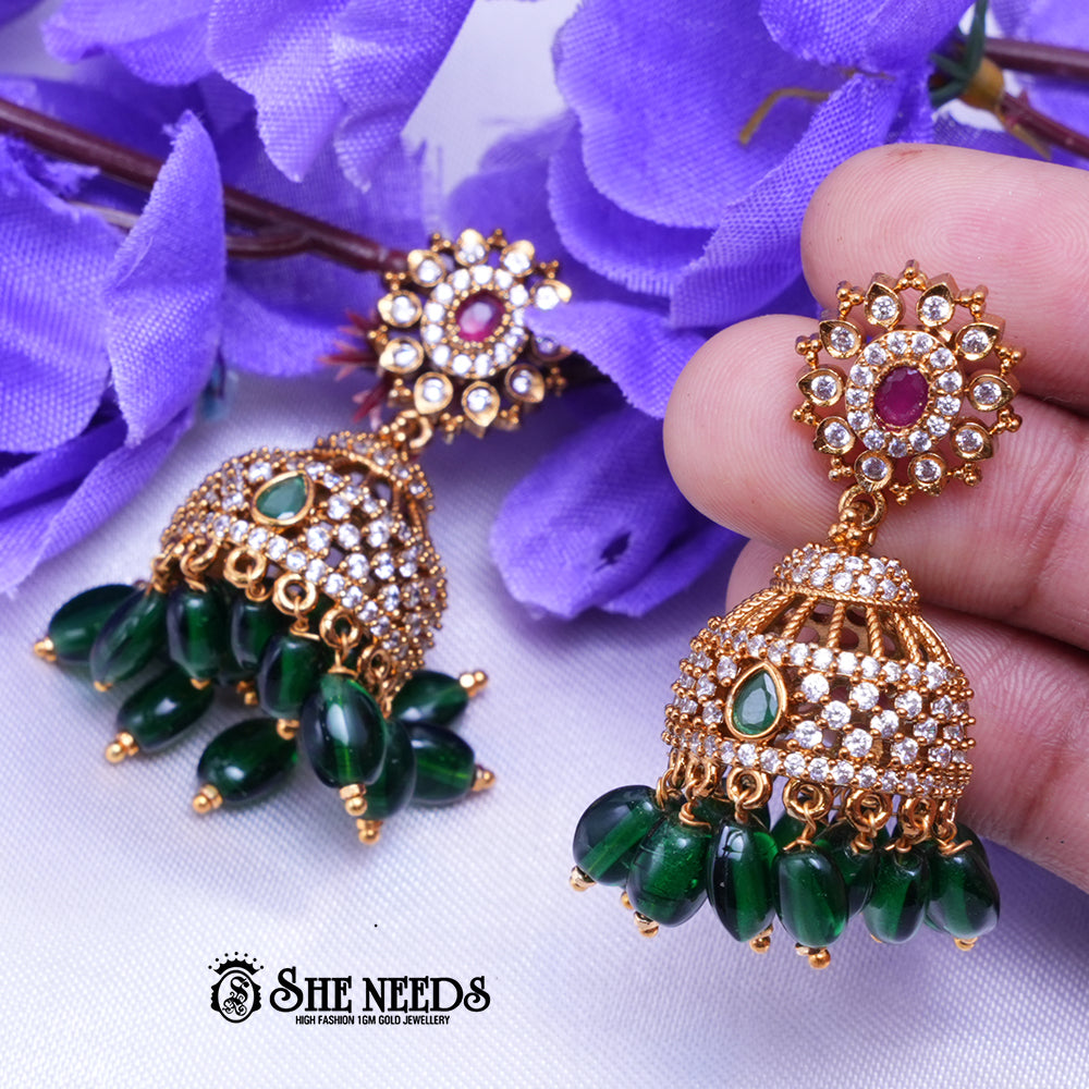 Kavya Royal CZ Stone Jhumka Earrings with Bead Drops