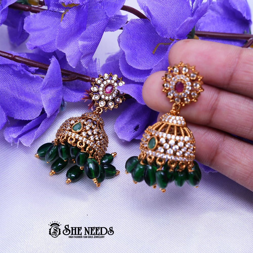 Kavya Royal CZ Stone Jhumka Earrings with Bead Drops