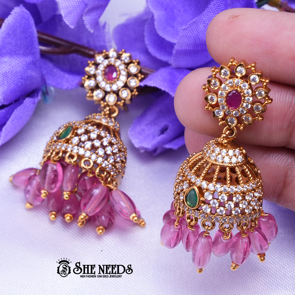 Kavya Royal CZ Stone Jhumka Earrings with Bead Drops