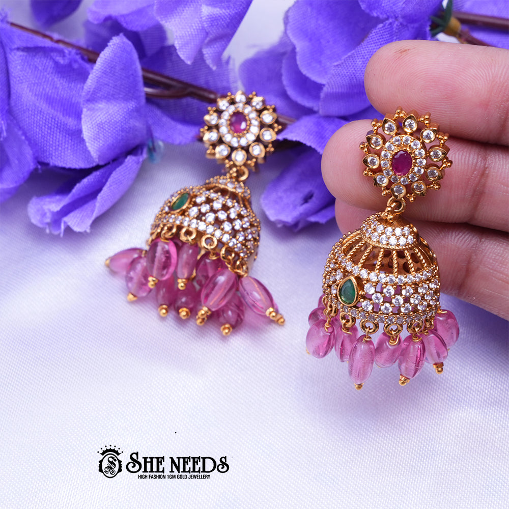 Kavya Royal CZ Stone Jhumka Earrings with Bead Drops