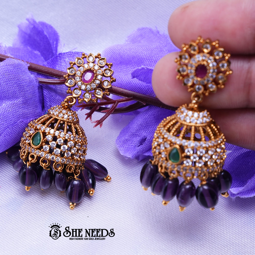 Kavya Royal CZ Stone Jhumka Earrings with Bead Drops