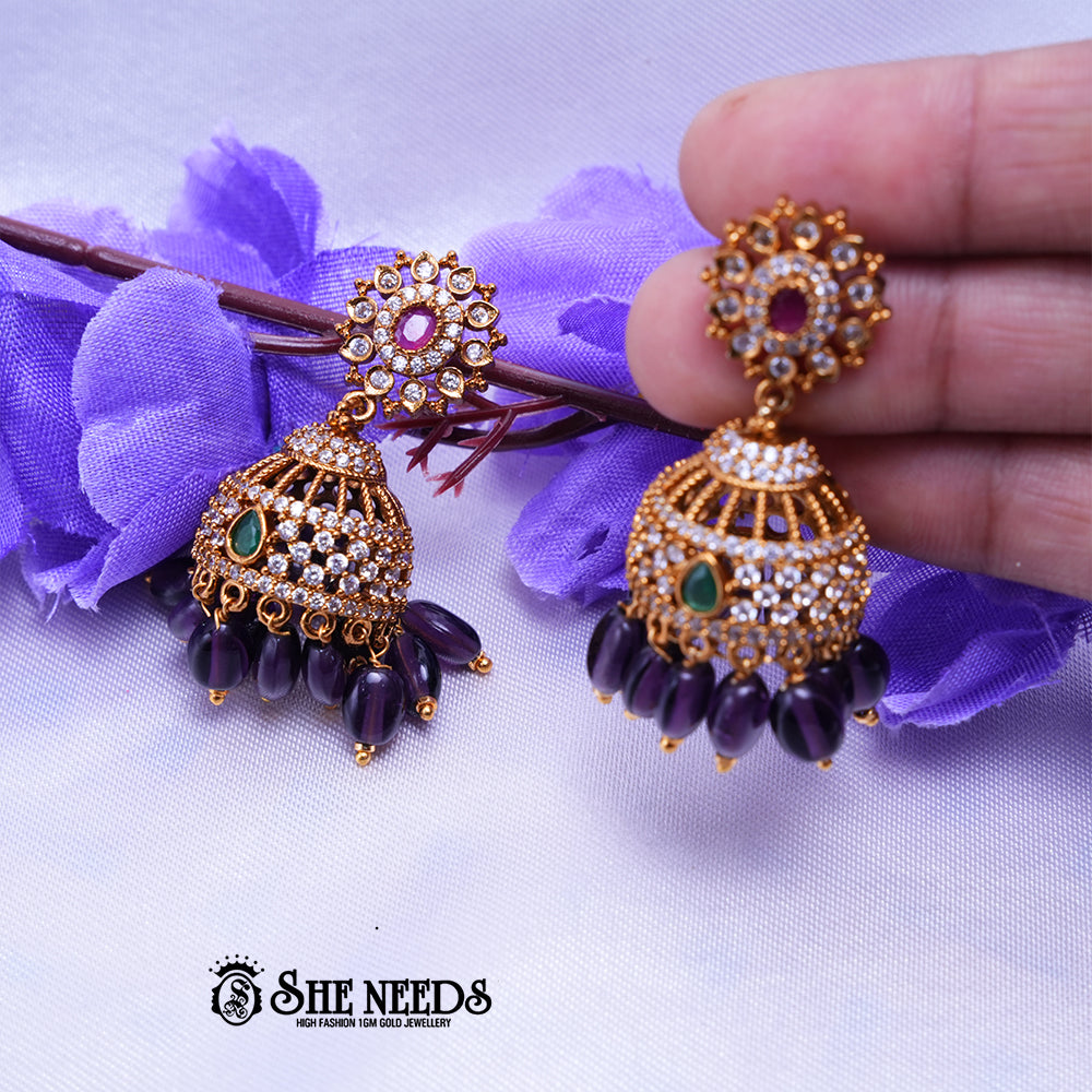 Kavya Royal CZ Stone Jhumka Earrings with Bead Drops