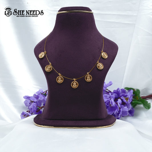 Lakshmi Coin Charm Wire Necklace featuring intricately detailed Lakshmi coin pendants suspended on a lightweight gold-tone wire chain.|She Needs Jewellery
