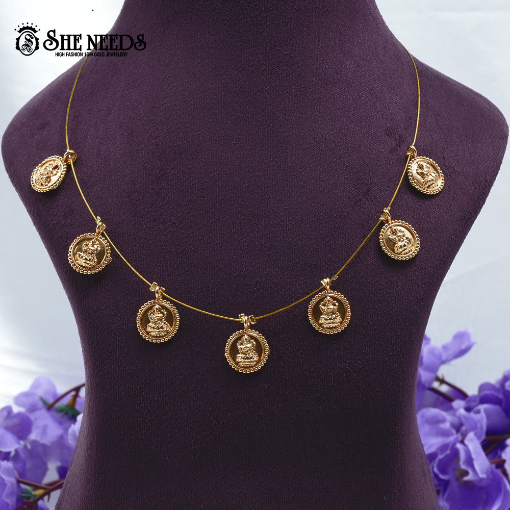 Lakshmi Coin Charm Wire Necklace featuring intricately detailed Lakshmi coin pendants suspended on a lightweight gold-tone wire chain.|She Needs Jewellery

