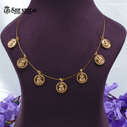 Lakshmi Coin Charm Wire Necklace featuring intricately detailed Lakshmi coin pendants suspended on a lightweight gold-tone wire chain.|She Needs Jewellery
