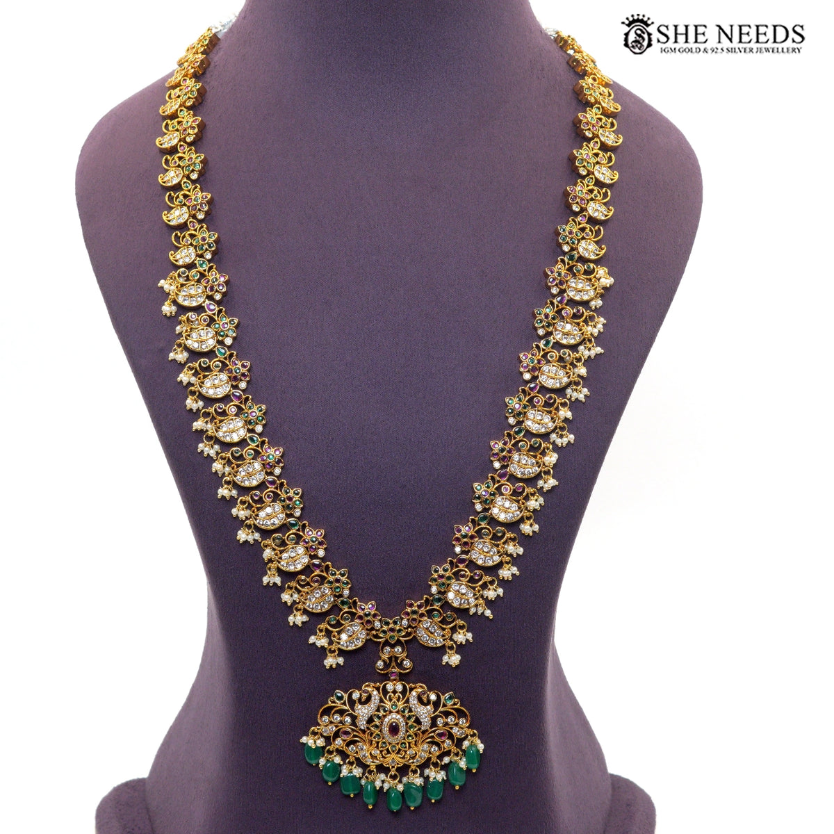 Traditional Lakshmi Green Beaded Long Necklace Set with Pearl Drops