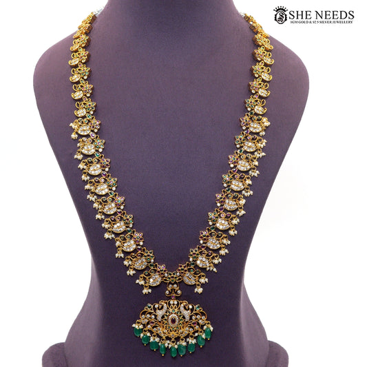 Long Lakshmi necklace with green beads, pearl drops and multicolor stone detailing|She Needs Jewellery
