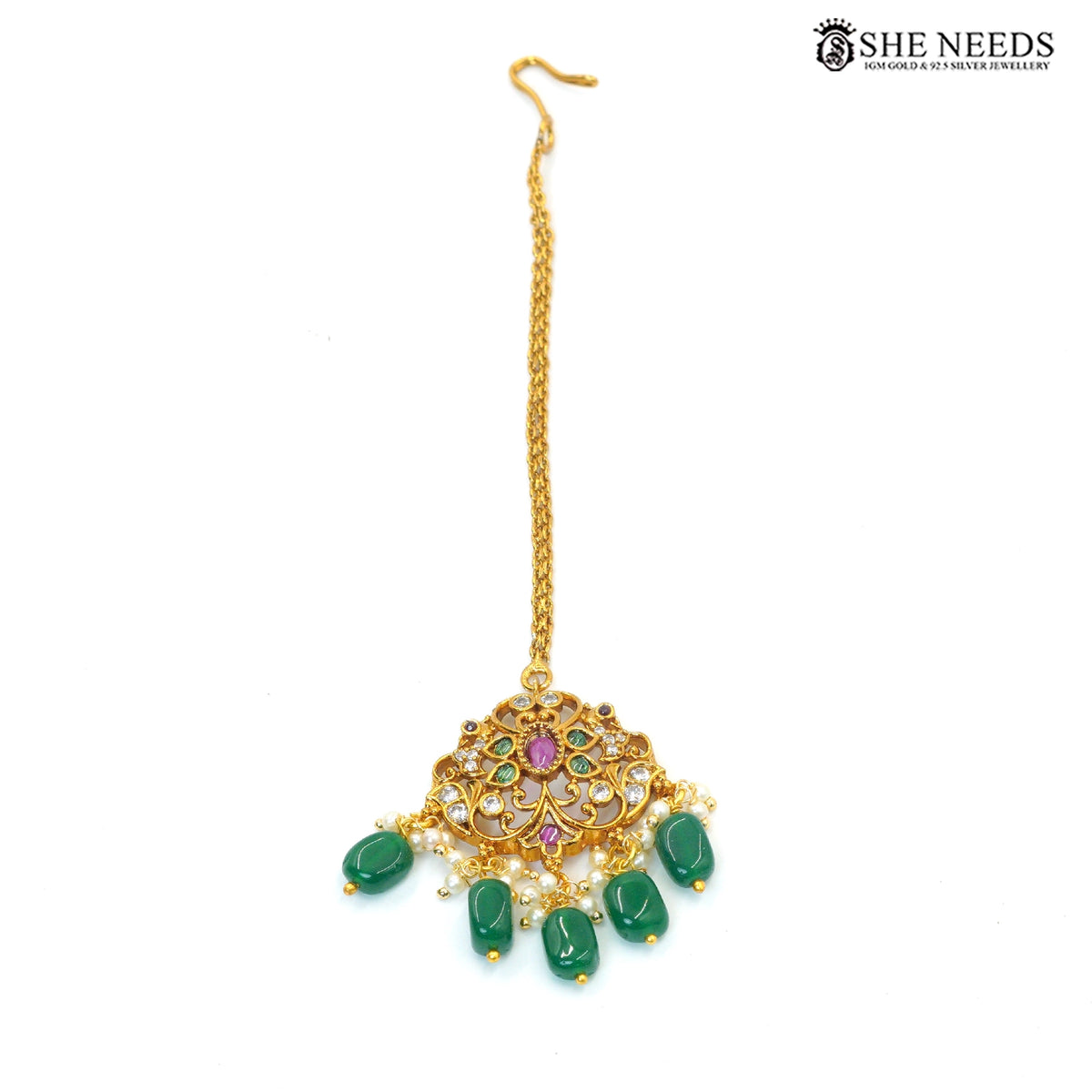 Traditional Lakshmi Green Beaded Long Necklace Set with Pearl Drops