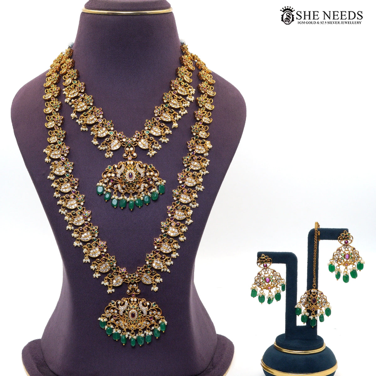 She Needs Jewellery Lakshmi green beaded necklace set with matching earrings and pearl drops|She Needs Jewellery