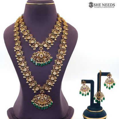 She Needs Jewellery Lakshmi green beaded necklace set with matching earrings and pearl drops|She Needs Jewellery
