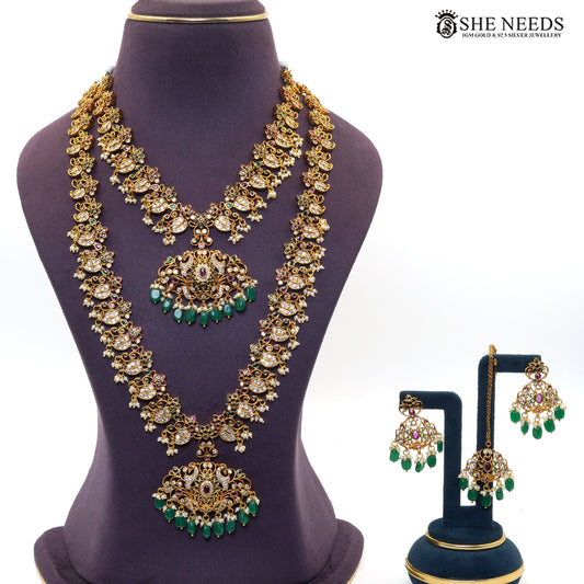 She Needs Jewellery Lakshmi green beaded necklace set with matching earrings and pearl drops|She Needs Jewellery