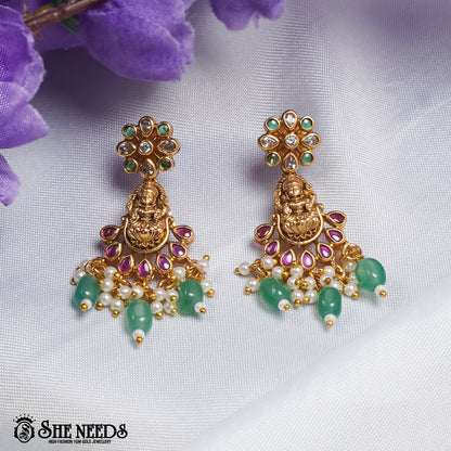 Lakshmi Mint Pearl Jhumka Earrings with mint green bead drops and pearl detailing