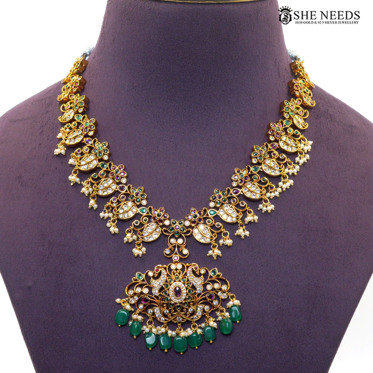 Traditional Lakshmi Green Beaded Long Necklace Set with Pearl Drops