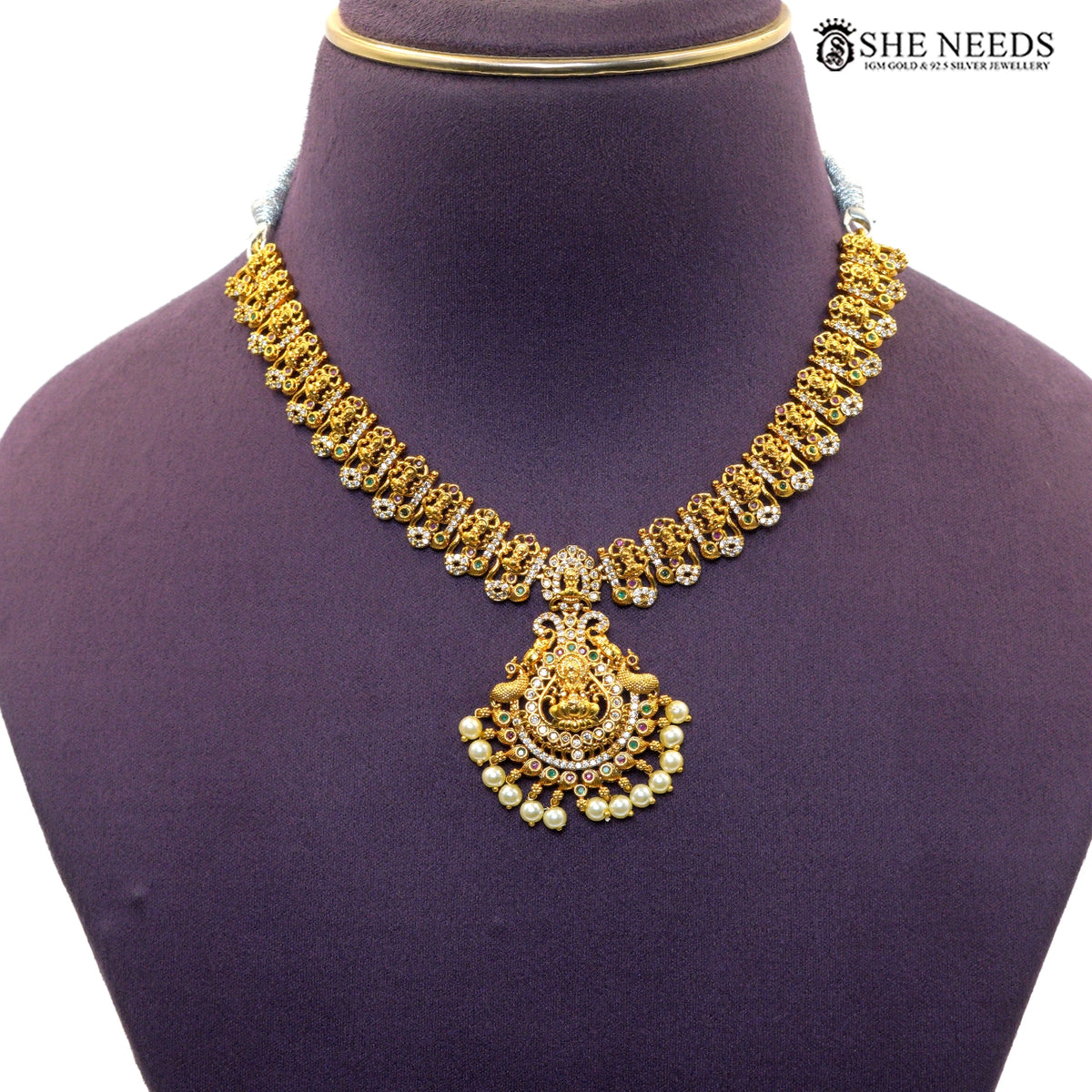 Lakshmi Pearl Cascade antique gold short necklace with Goddess Lakshmi pendant, colourful stones and pearl drops|She Needs Jewellery