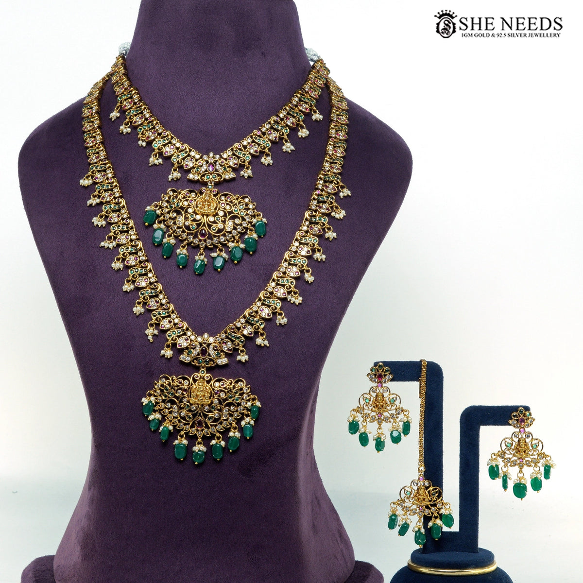 Lakshmi Temple Gold Plated Necklace Set with Green Beads, Ruby & Pearl Drops