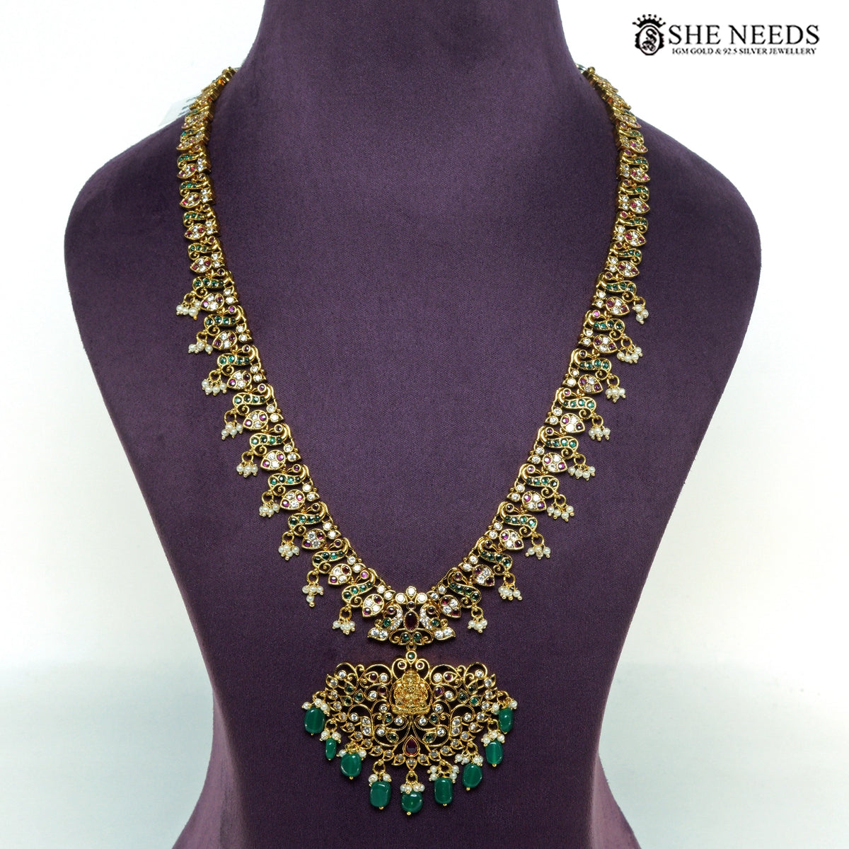 Lakshmi Temple Gold Plated Necklace Set with Green Beads, Ruby & Pearl Drops