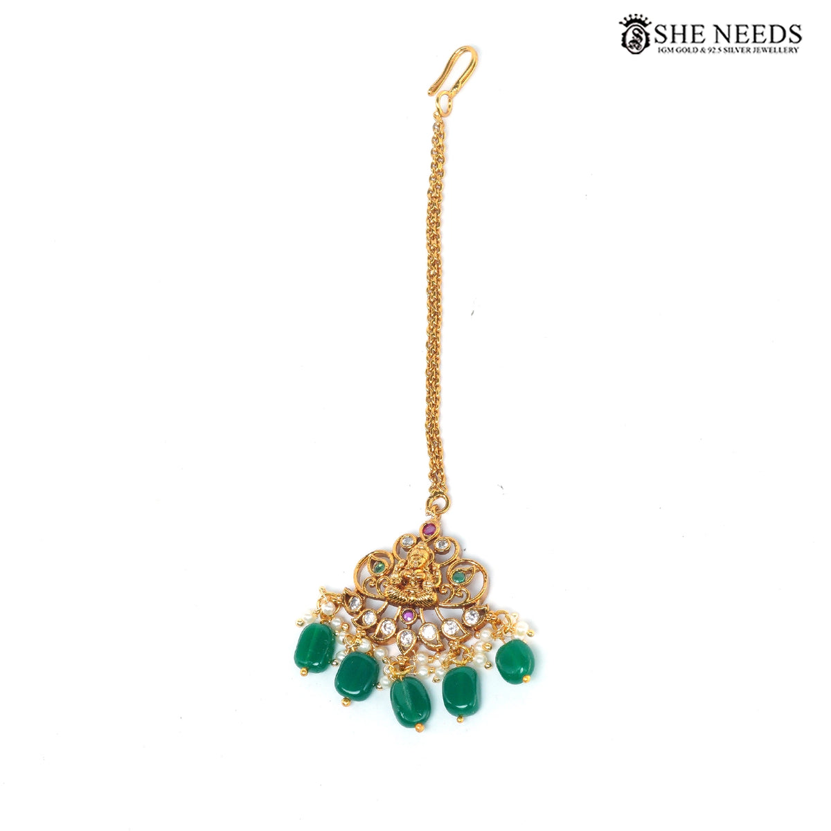 Lakshmi Temple Gold Plated Necklace Set with Green Beads, Ruby & Pearl Drops