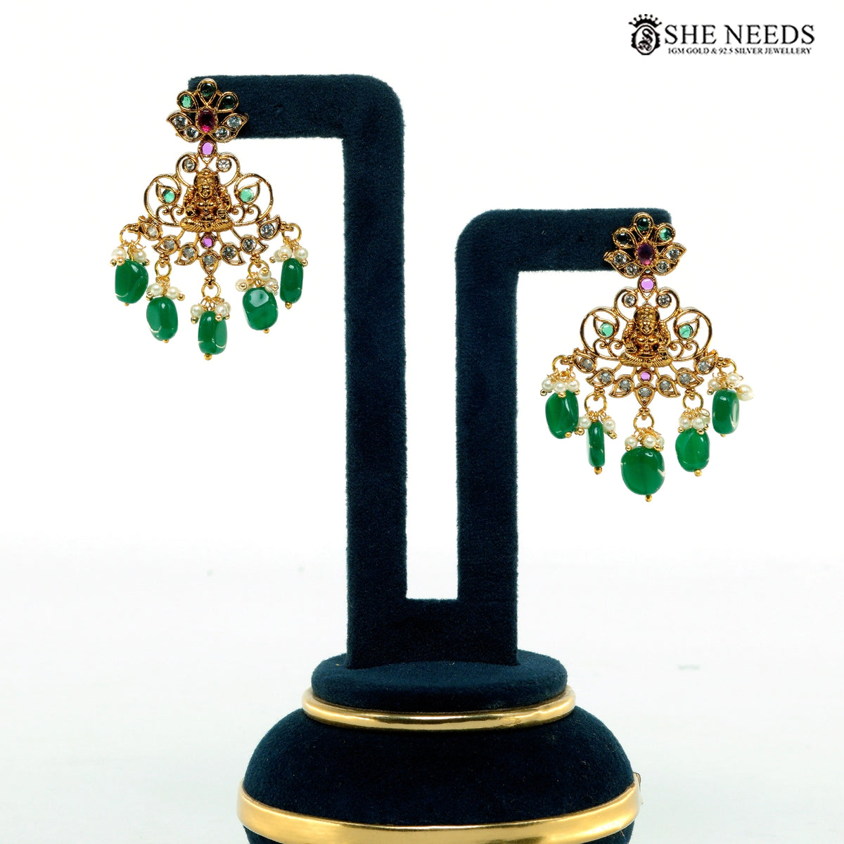 Lakshmi Temple Gold Plated Necklace Set with Green Beads, Ruby & Pearl Drops