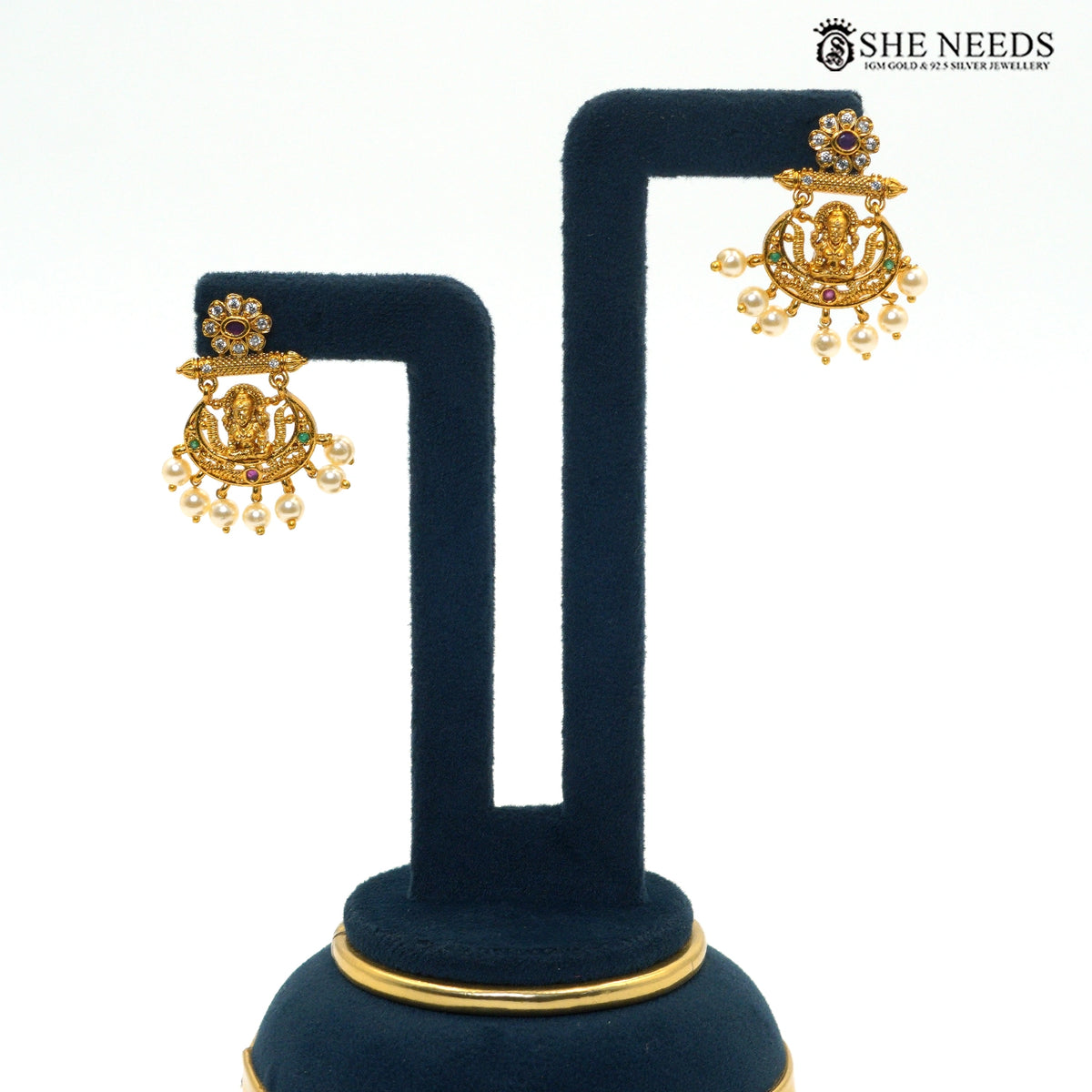 Double Layer Temple Necklace Set with Lakshmi Motif & Pearl Drop