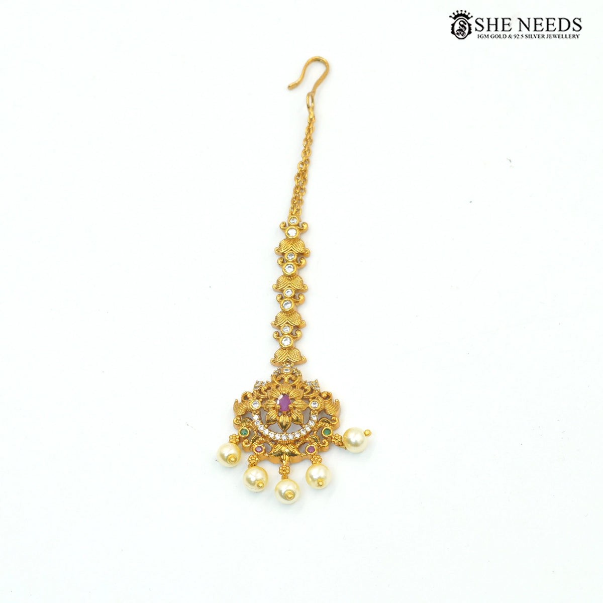 Antique Gold Double Layer Lakshmi Temple Necklace Set with Pearls