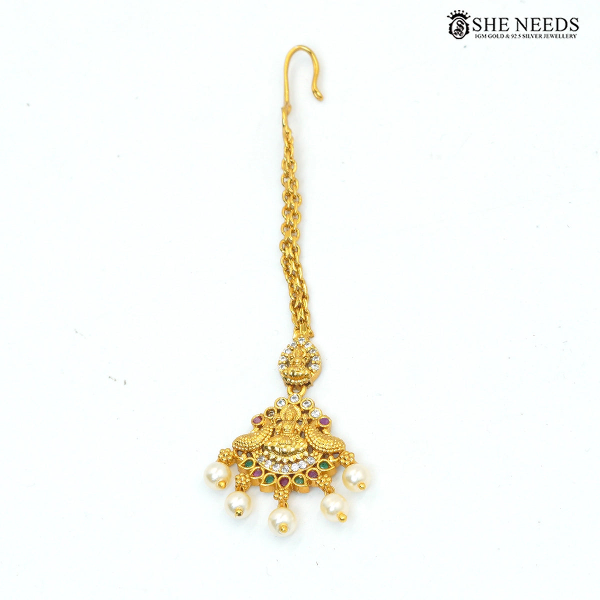 Antique Gold Lakshmi Temple Double Layer Necklace Set with Pearl Drops