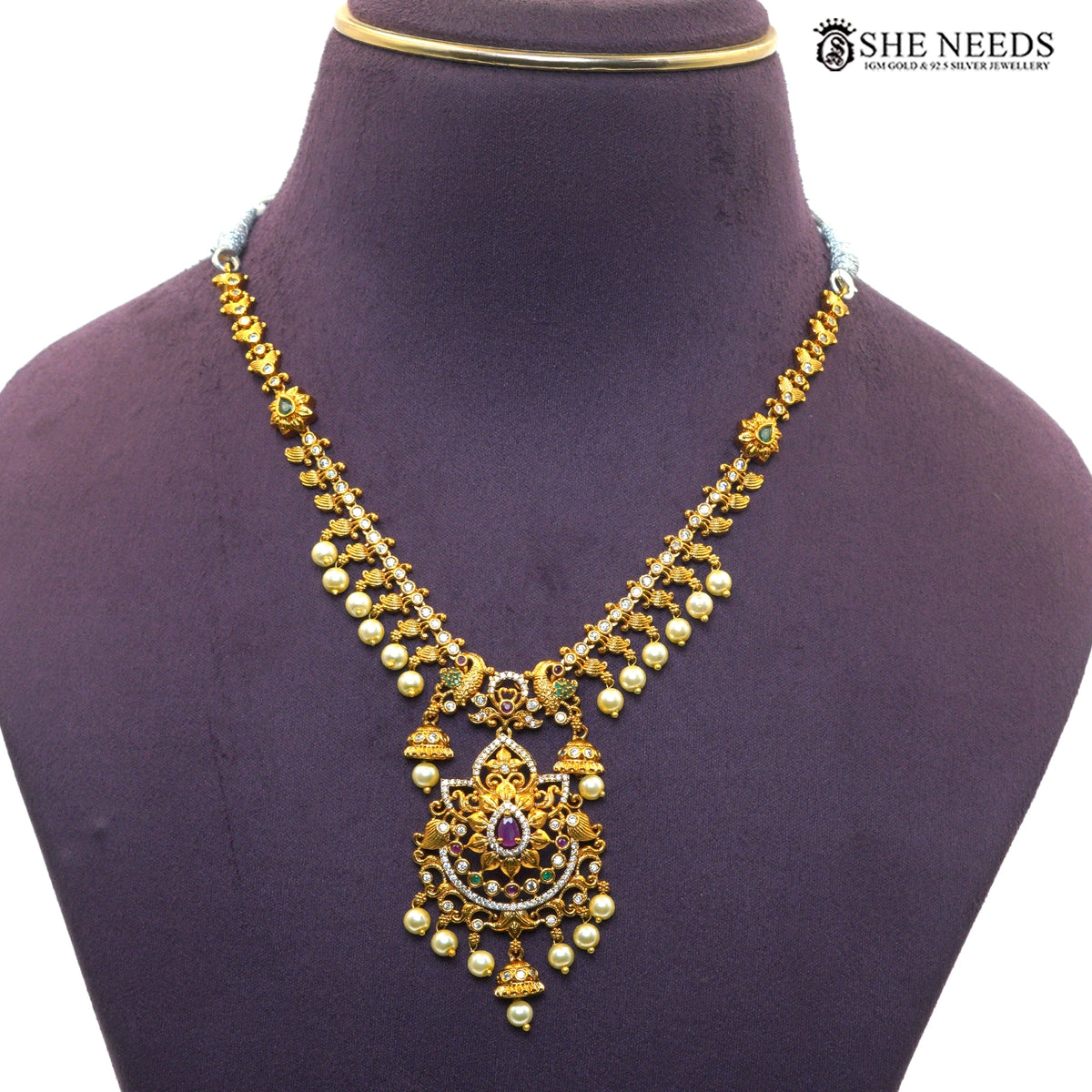 Antique Gold Double Layer Lakshmi Temple Necklace Set with Pearls