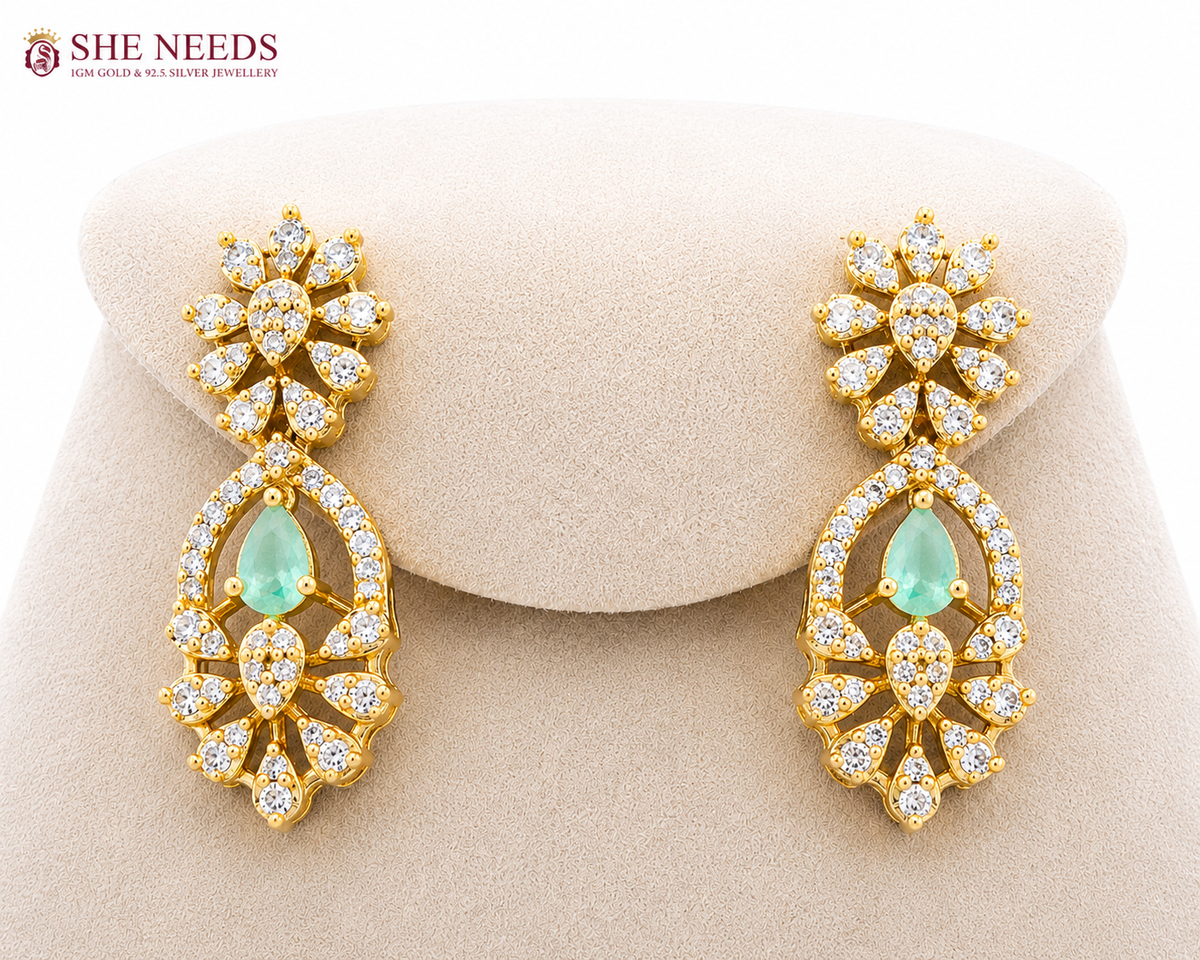 Gold Plated American Diamond Floral Necklace Set with Statement Drop Earrings