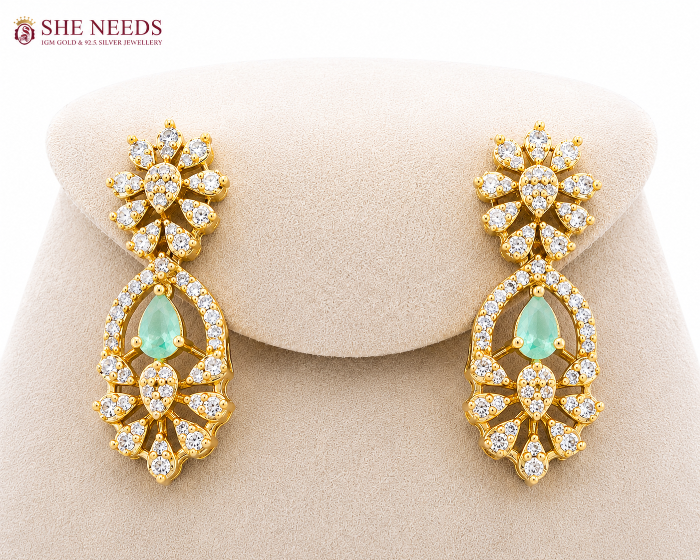 Light Blue Gold Plated American Diamond Statement Drop Earrings by She Needs Jewellery