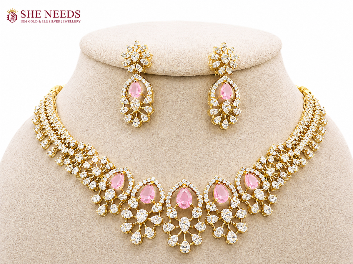 Gold Plated American Diamond Floral Necklace Set with Statement Drop Earrings