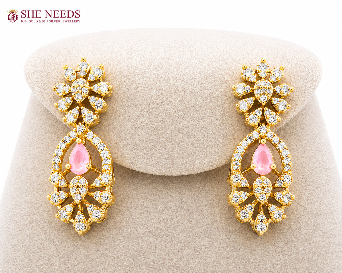 Gold Plated American Diamond Floral Necklace Set with Statement Drop Earrings