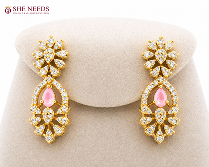 Light Pink Gold Plated American Diamond Statement Drop Earrings by She Needs Jewellery