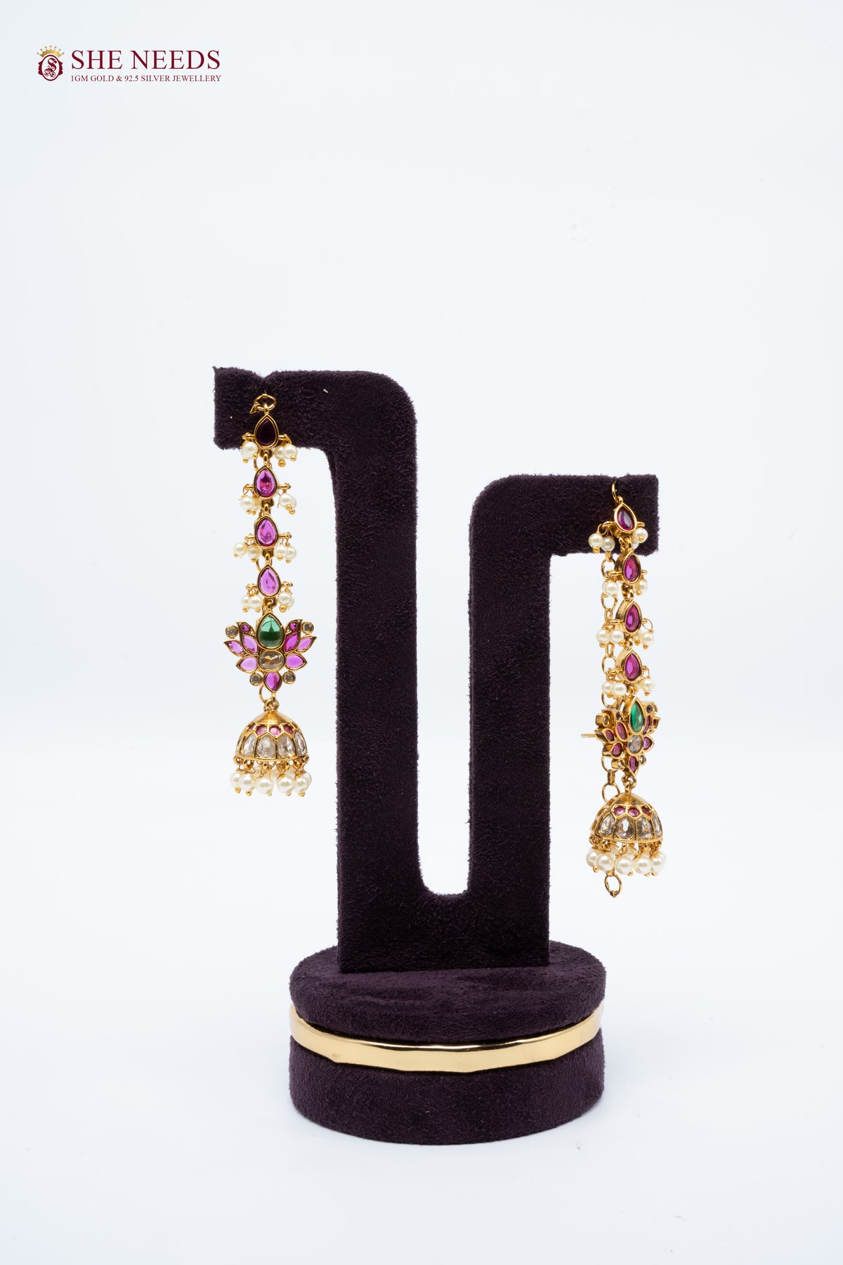 Long Stone Chain Jhumka Earrings with Pearl Drops | Bridal Statement Earrings