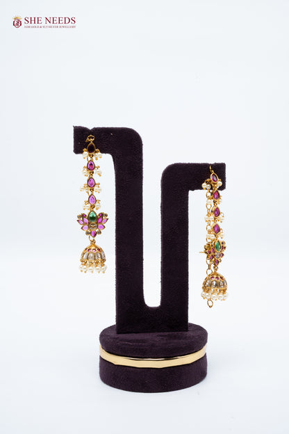 long chain jhumka earrings pink stones pearl drops bridal statement earrings