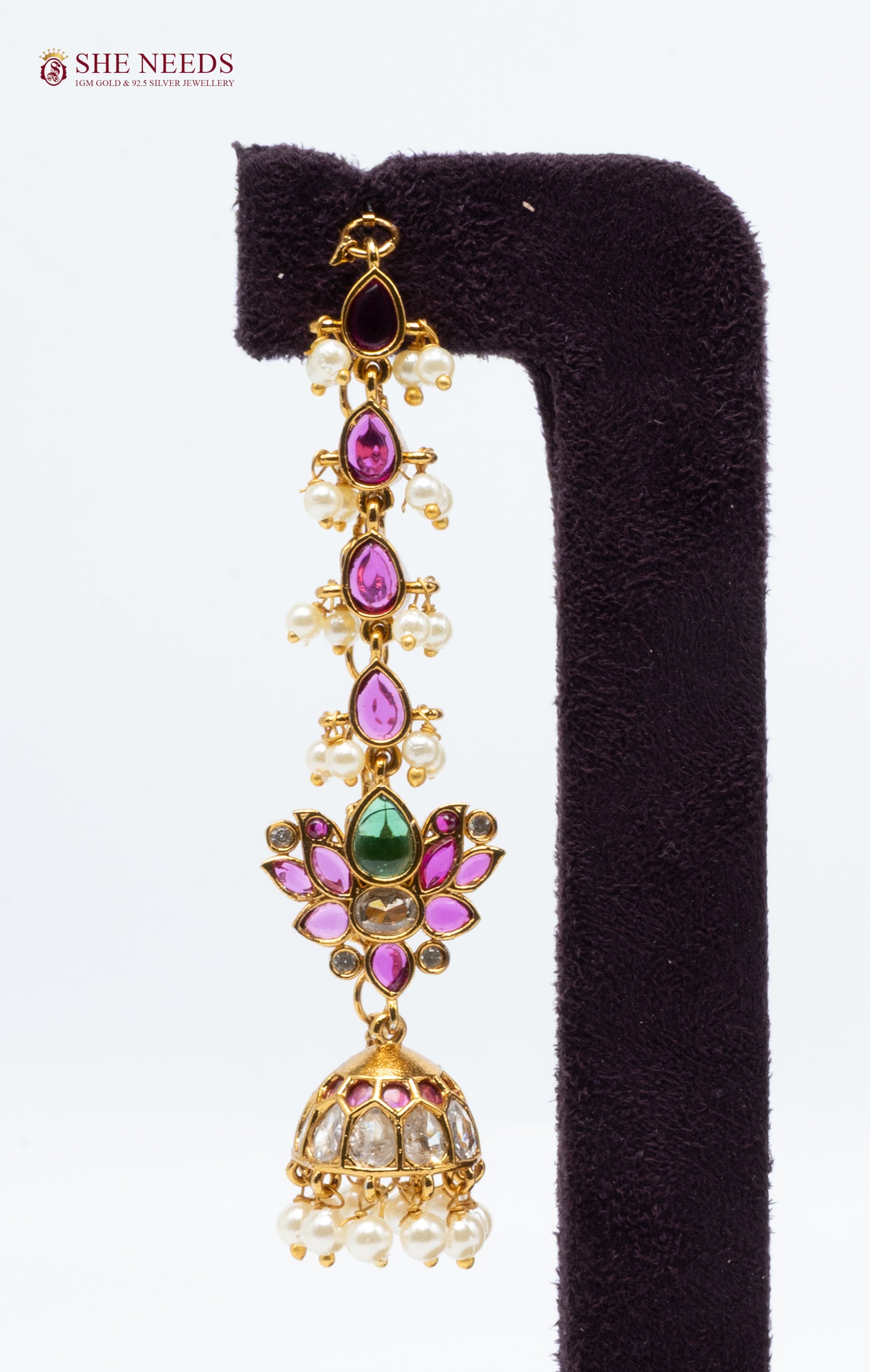 long chain jhumka earrings pink stones pearl drops bridal statement earrings