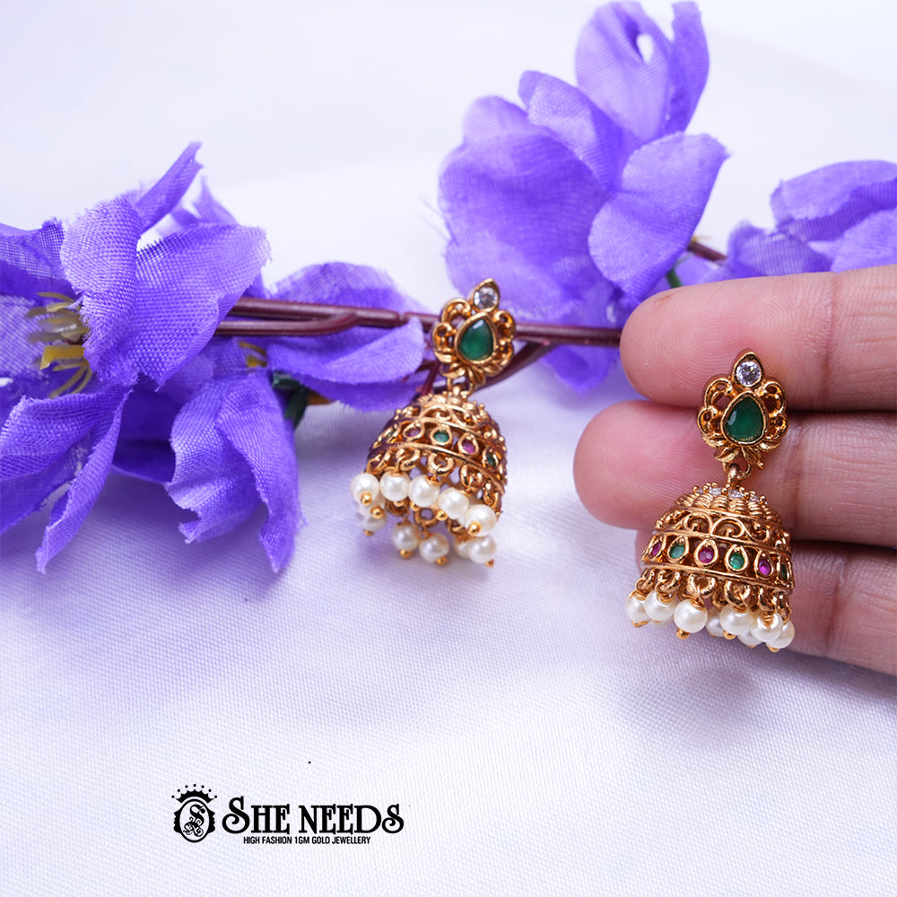 Mayura Antique Gold Jhumka Earrings with Green Stone & Ruby Beads | Festive Wear