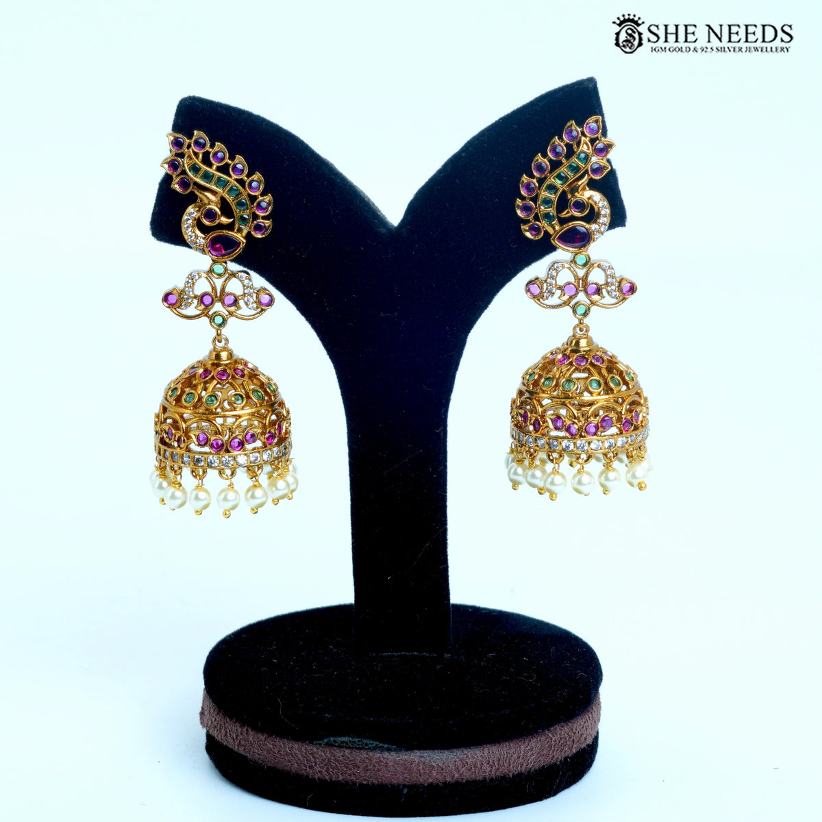 Mayura Royale Peacock Curve Jhumka Earrings – Pink, Green & White