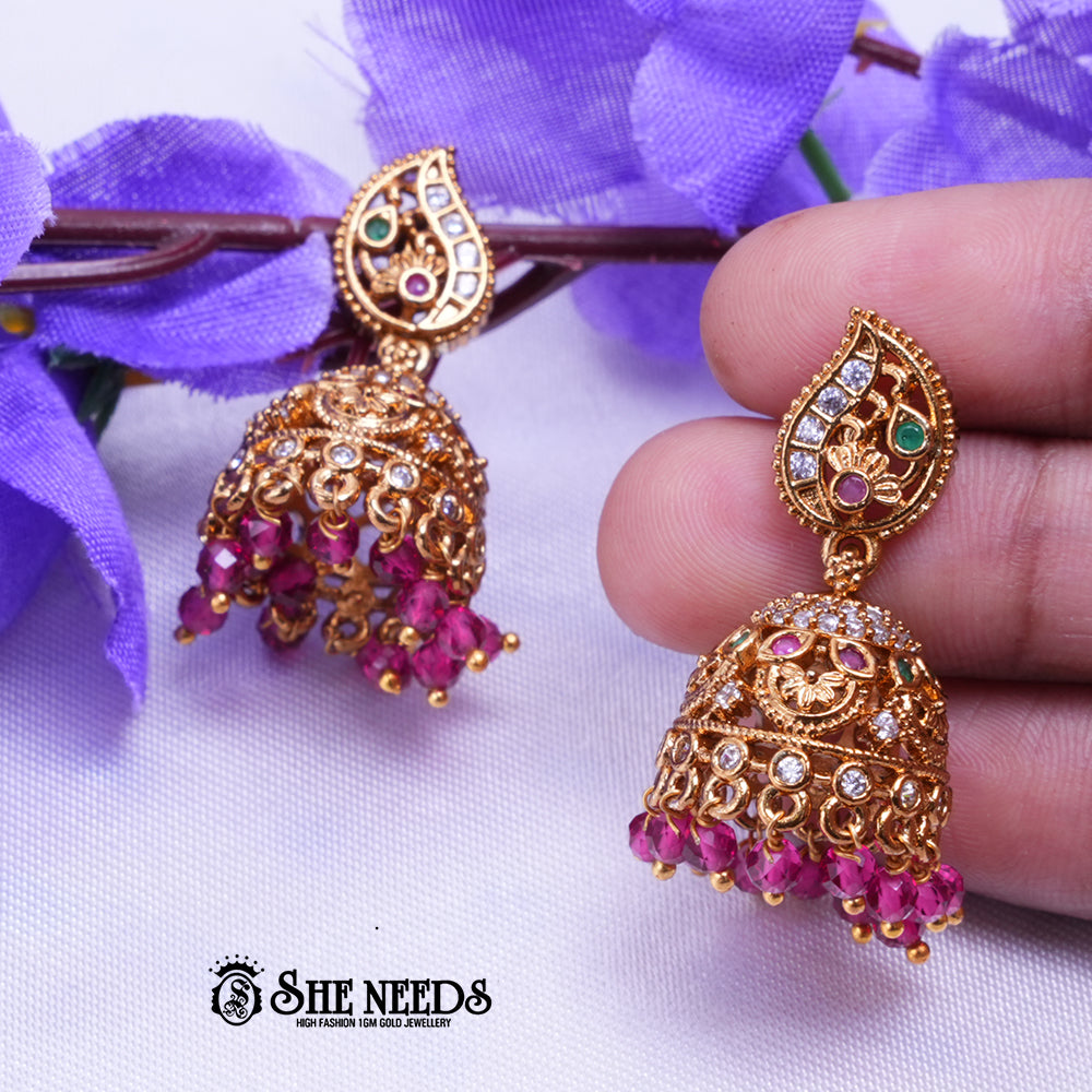 Meher Antique Gold Jhumka Earrings with CZ Stones & Pearl Drops | Traditional Ethnic Wear