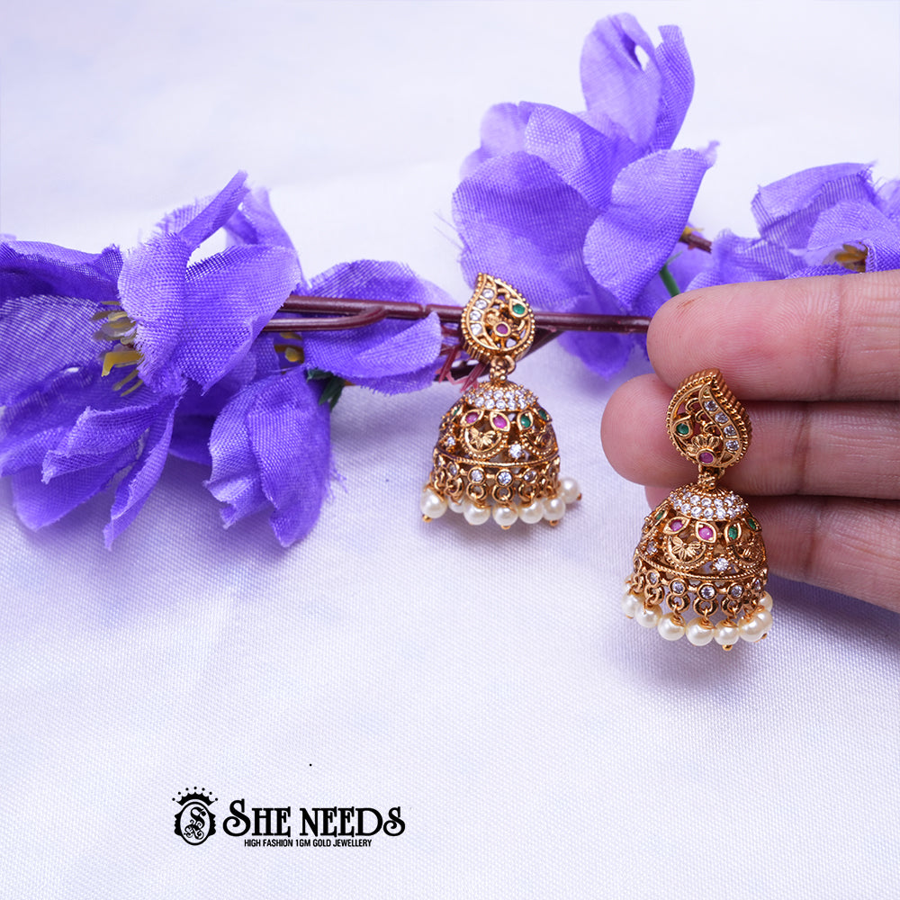 Antique gold jhumka earrings with CZ stones and White pearl drops traditional jewellery by She Needs Jewellery