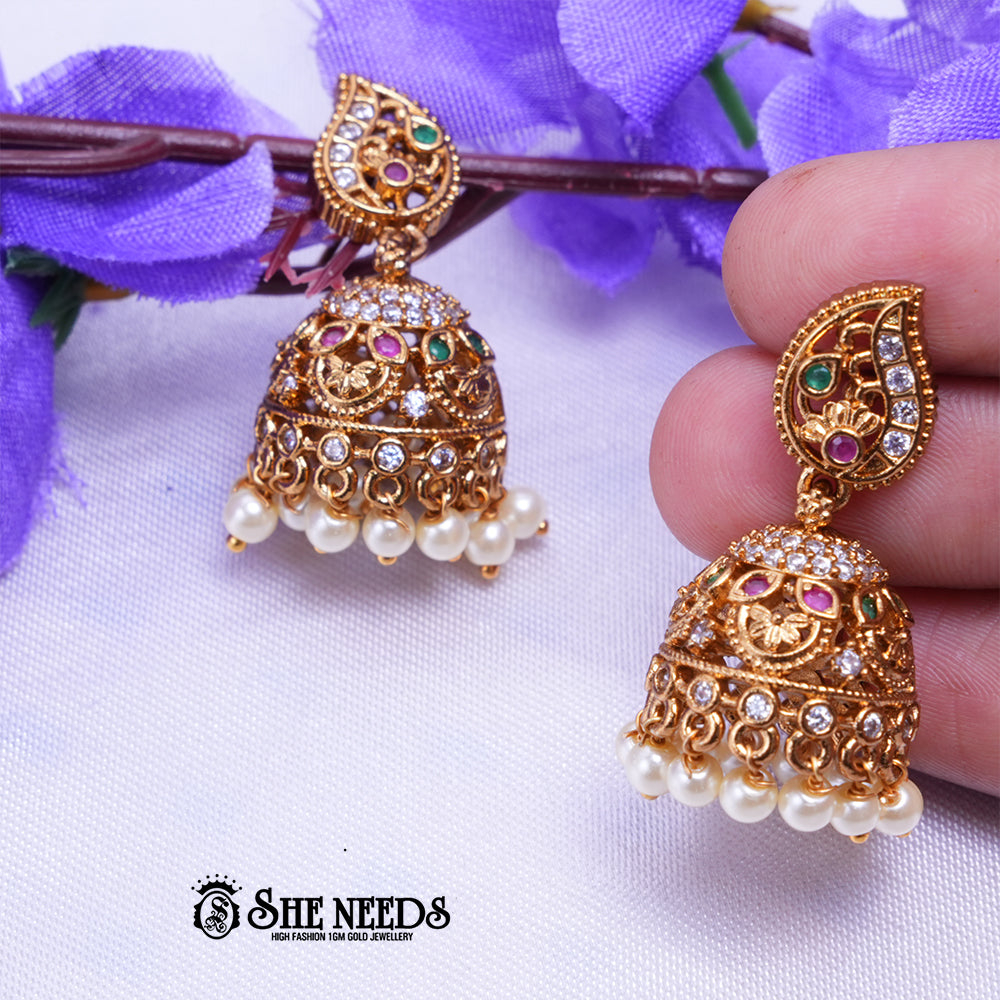 Meher Antique Gold Jhumka Earrings with CZ Stones & Pearl Drops | Traditional Ethnic Wear