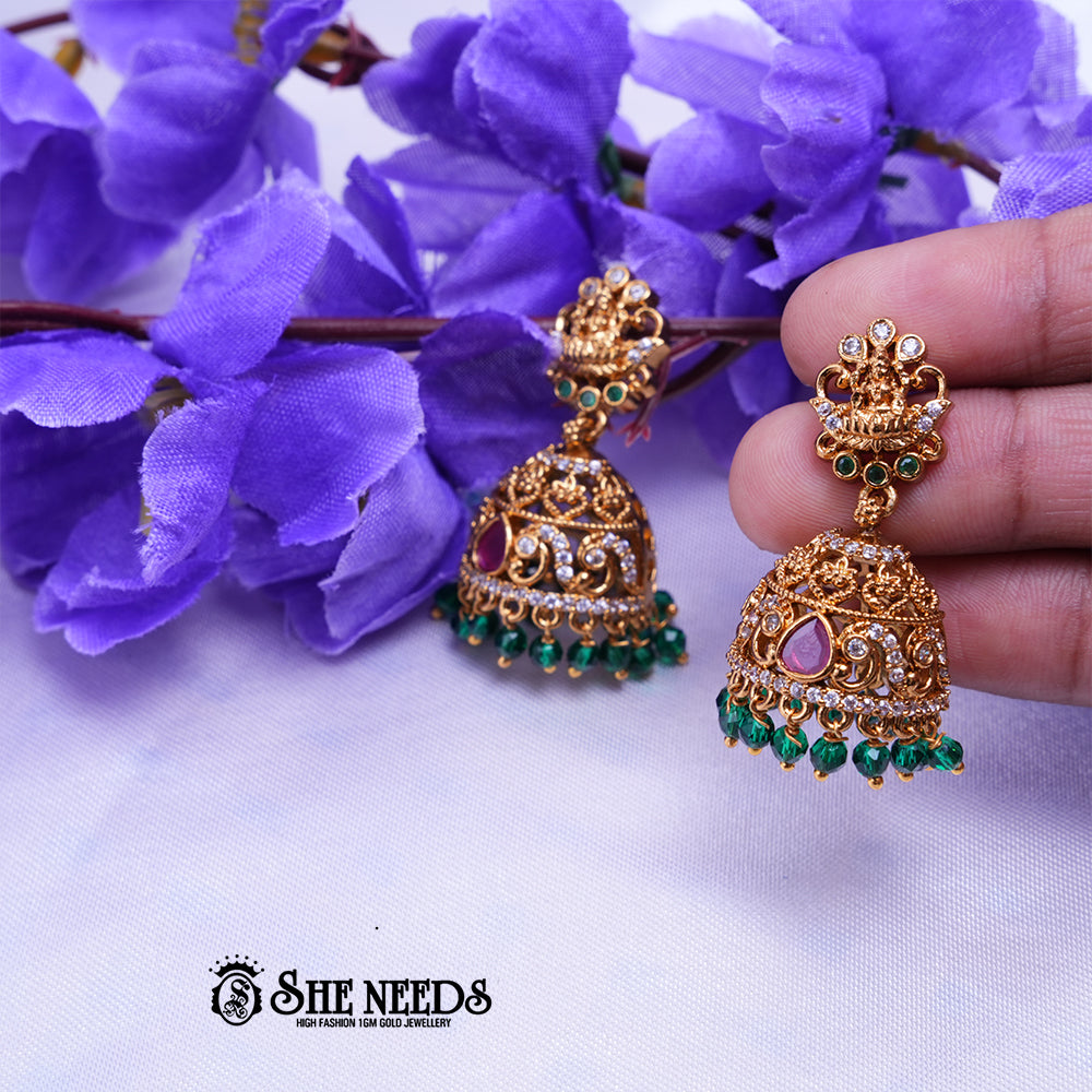 Meher Antique Gold Jhumka Earrings with CZ Stones & Temple Stud | Festive Ethnic Wear