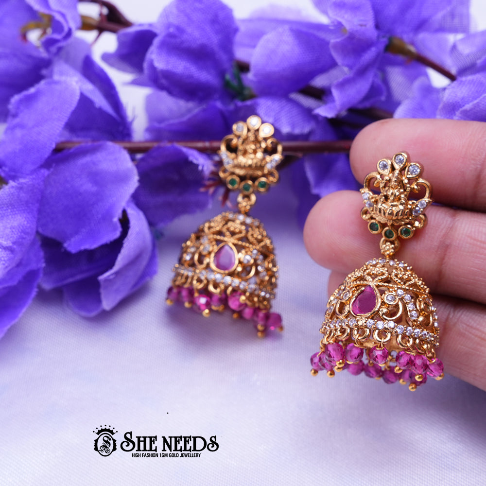 Meher Antique Gold Jhumka Earrings with CZ Stones & Temple Stud | Festive Ethnic Wear