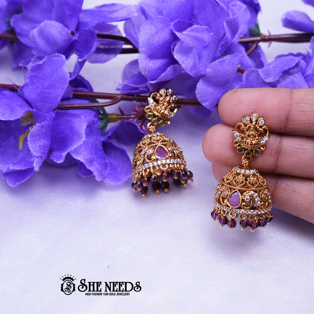 Meher Antique Gold Jhumka Earrings with CZ Stones & Temple Stud | Festive Ethnic Wear