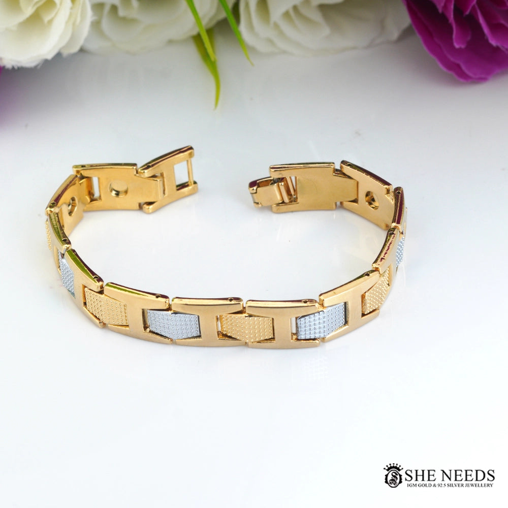 Men’s dual-tone gold and silver bracelet kada featuring textured rectangular links, polished finish, and secure clasp closure for a stylish modern look.|She Needs Jewellery
