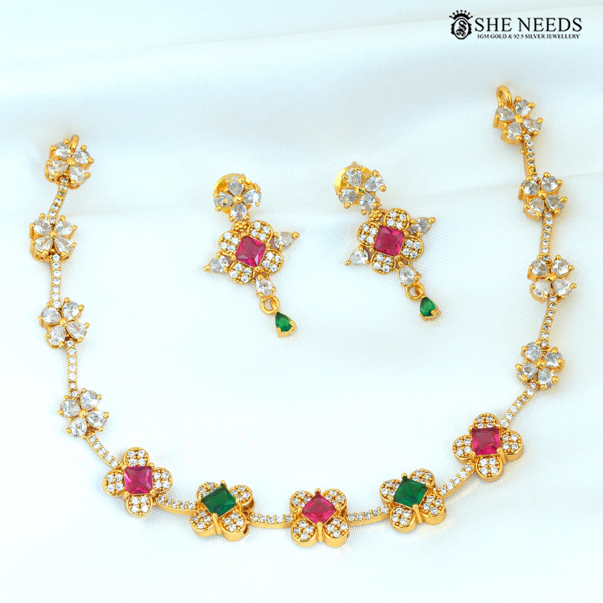 Multicolor Stone Floral Gold-Plated Necklace Set
