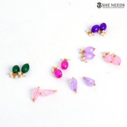 Myra multicolour interchangeable drop earrings displayed with purple, pink, green and lavender bead options with pearl accents|She Needs Jewellery
