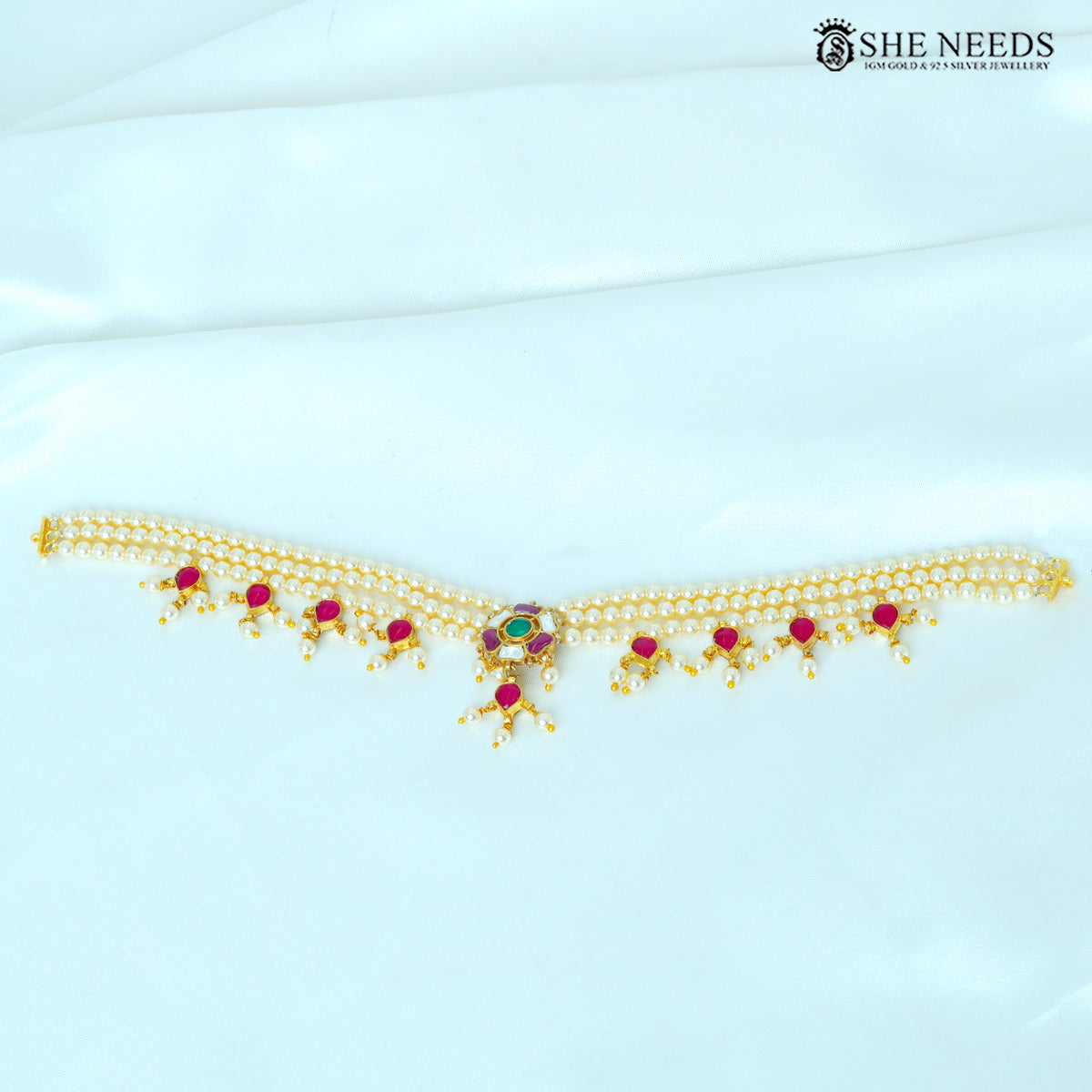 Niharika Pearl Floral Choker Necklace – Green & Pink