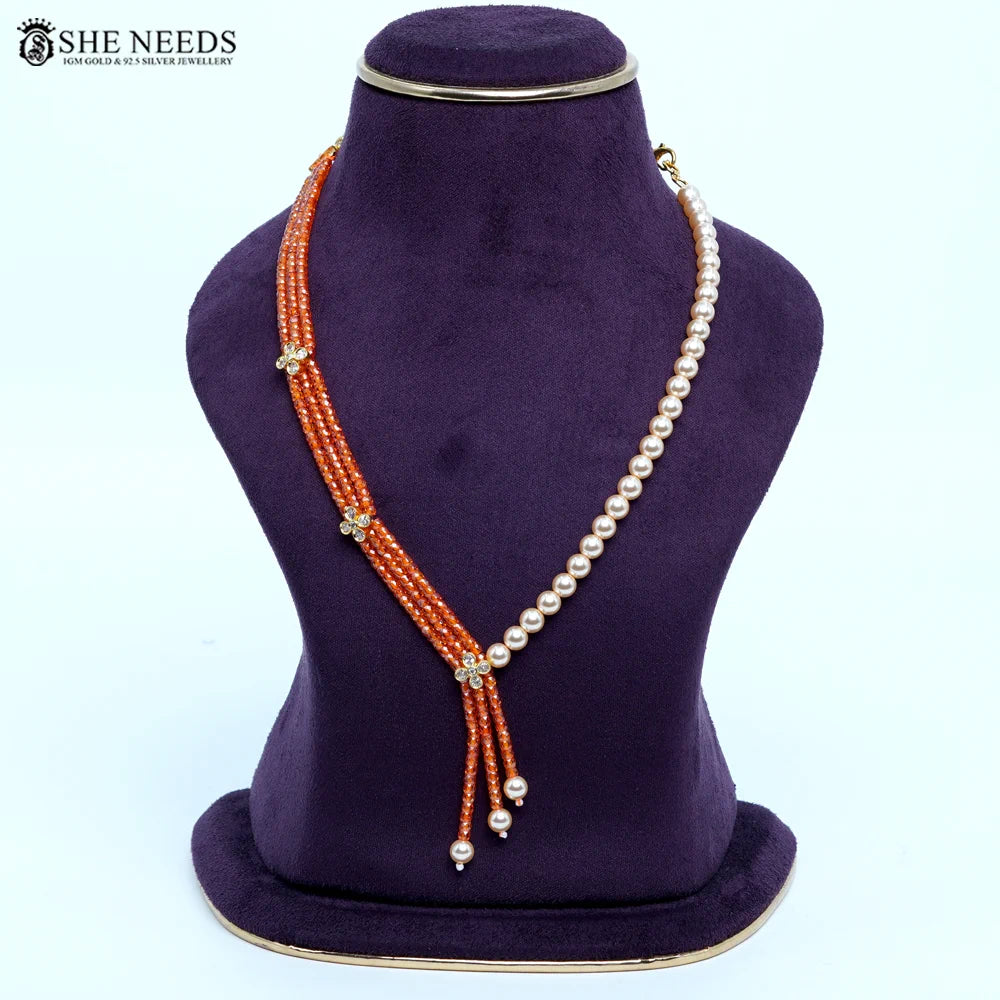 Orange CZ Beads & Swarovski Pearls Necklace