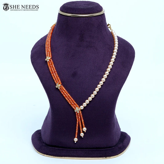 Orange  CZ beads chain necklace with Swarovski pearls by She Needs Jewellery